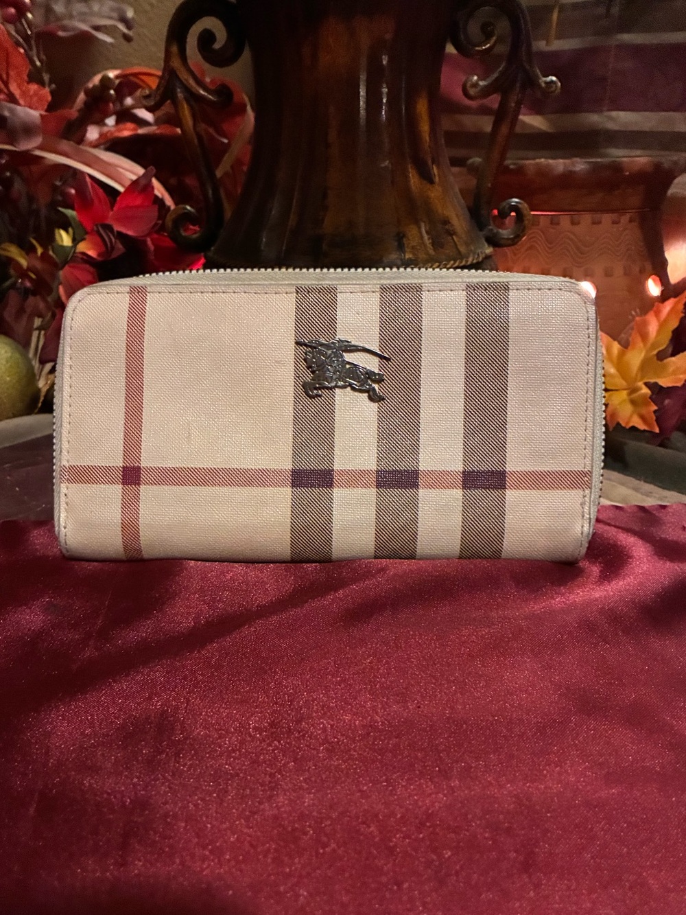Burberry Beige Plaid Zip-Around Wallet with Metal Logo